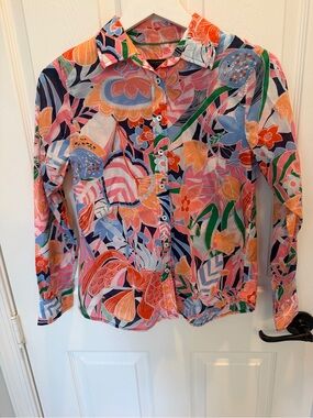 Talbots Tropical Floral Button Up Shirt Long Sleeve Blouse Pink Blue Coral P